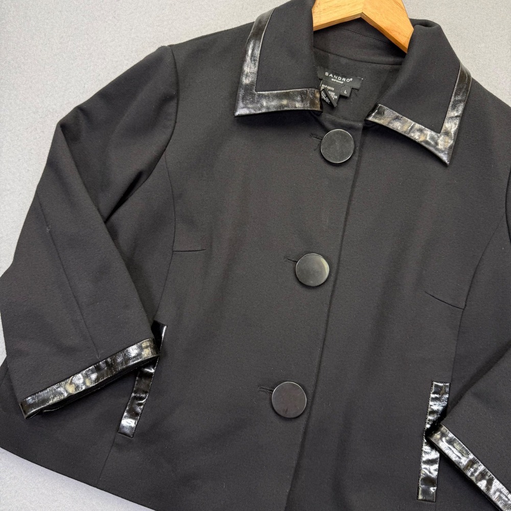 Sandro Sportswear‎ Womens Black Cropped Jacket Faux Leather Trim Size L Collared